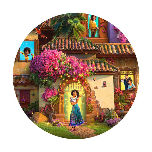 Lofaris Pink Floral And Warm House Round Birthday Backdrop