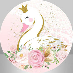 Lofaris Pink Floral And White Swan Round Girls Birthday Backdrop