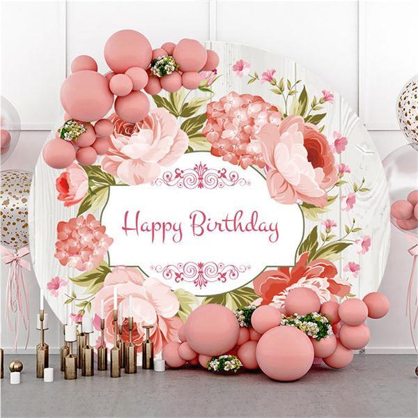 Lofaris Pink Floral And Wood Round Happy Birthday Backdrop