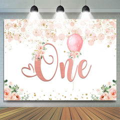 Lofaris Pink Floral Balloon 1st Birthday Backdrop for Girl