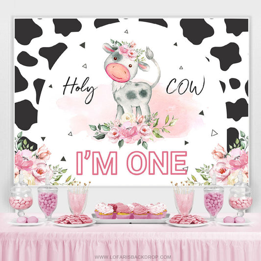 Lofaris Pink Floral Black White Holy Cow 1st Birthday Backdrop