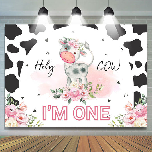 Lofaris Pink Floral Black White Holy Cow 1st Birthday Backdrop