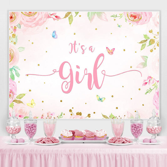 Lofaris Pink Floral Butterfly Baby Shower Backdrop For Girl