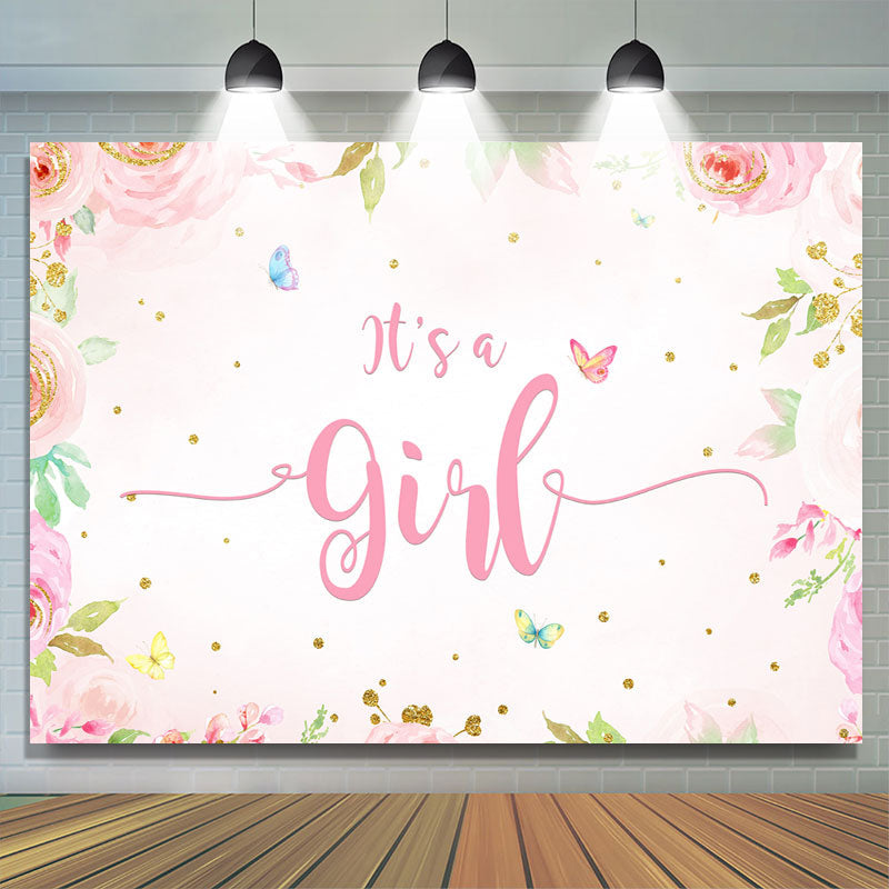 Lofaris Pink Floral Butterfly Baby Shower Backdrop For Girl