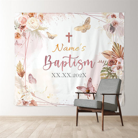 Lofaris Baby Girl Pink Floral Butterfly Baptism Decoration Backdrop
