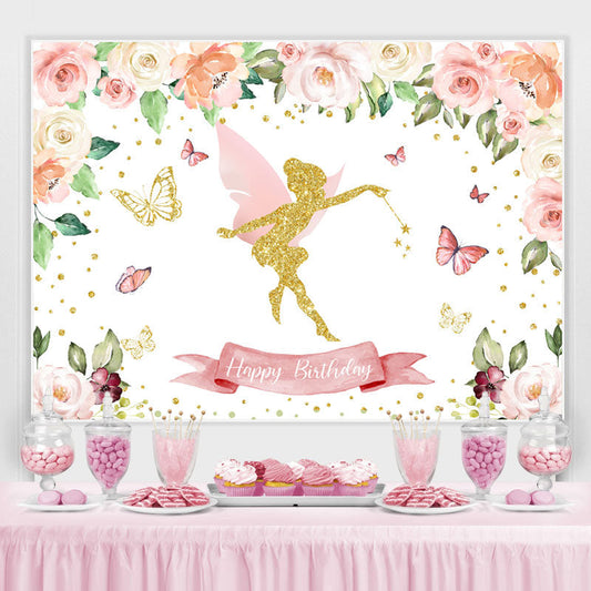 Lofaris Pink Floral Butterfly Fairy Happy Birthday Backdrop