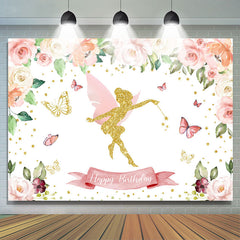 Lofaris Pink Floral Butterfly Fairy Happy Birthday Backdrop