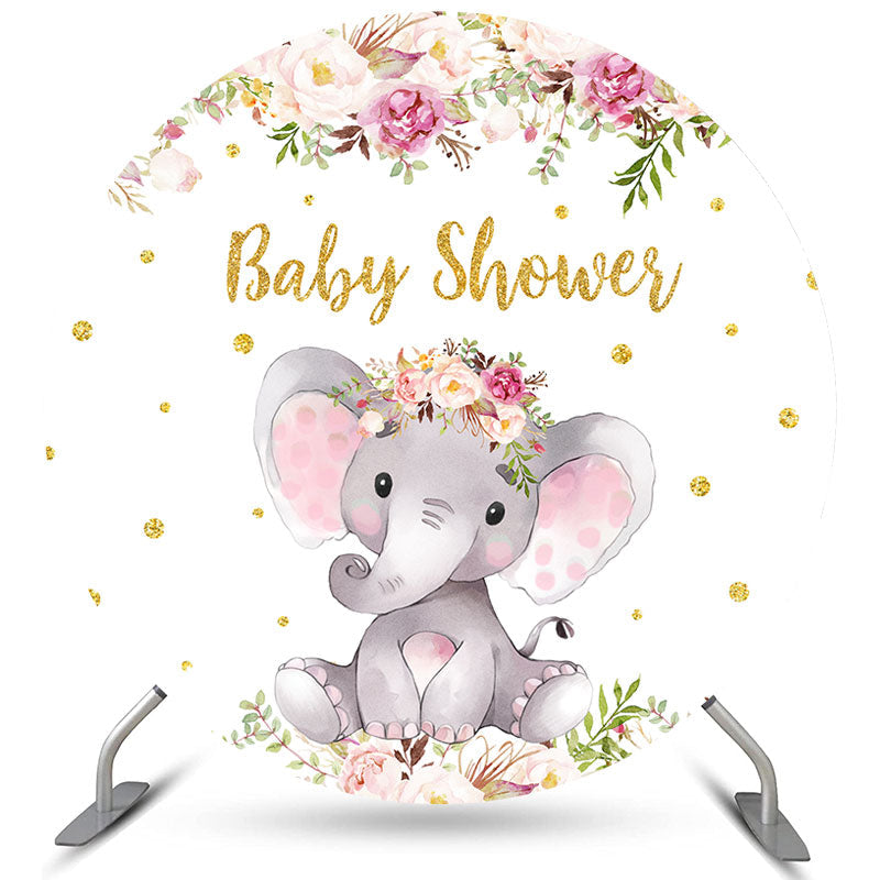 Lofaris Pink Floral Elephant Glitter Round Baby Shower Backdrop