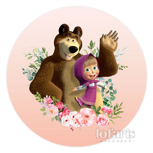 Lofaris Pink Floral Girl And Bear Round Birthday Backdrops