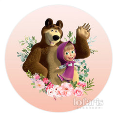 Lofaris Pink Floral Girl And Bear Round Birthday Backdrops