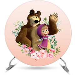 Lofaris Pink Floral Girl And Bear Round Birthday Backdrops