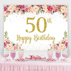 Lofaris Pink Floral Glitter 50th Birthday Backdrop For Women