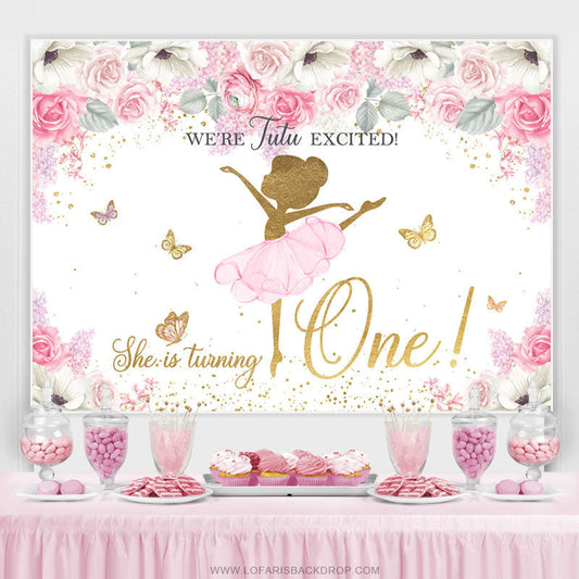 Lofaris Pink Floral Glitter Butterfly Happy 1st Birthday Backdrop