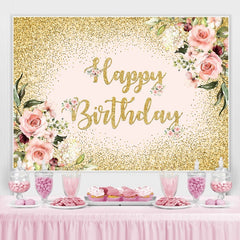 Lofaris Pink Floral Glitter Gold Happy Birthday Backdrop