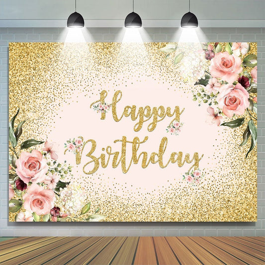 Lofaris Pink Floral Glitter Gold Happy Birthday Backdrop