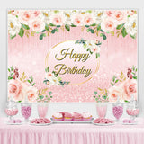 Load image into Gallery viewer, Lofaris Pink Floral Glitter Happy Birthday Backdrop For Girl