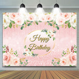 Load image into Gallery viewer, Lofaris Pink Floral Glitter Happy Birthday Backdrop For Girl