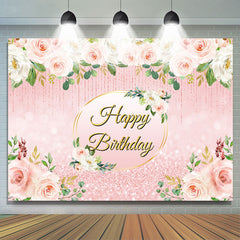 Lofaris Pink Floral Glitter Happy Birthday Backdrop For Girl