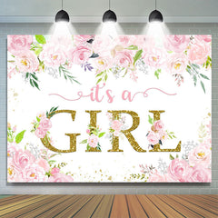 Lofaris Pink Floral Glitter Its A Girl Baby Shower Backdrop