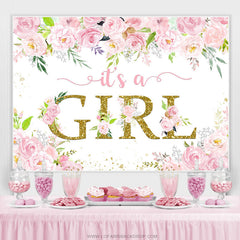 Lofaris Pink Floral Glitter Its A Girl Baby Shower Backdrop