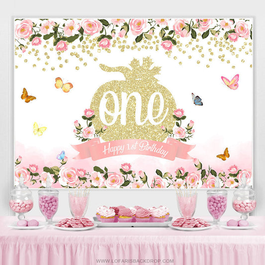 Lofaris Pink Floral Glitter Pumpkin Happy 1st Birthday Backdrop