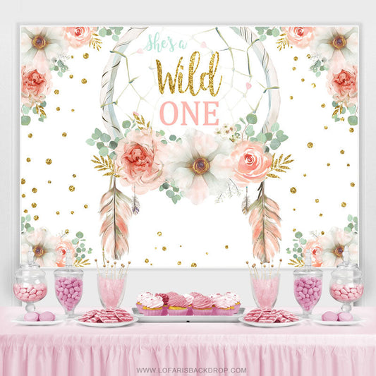 Lofaris Pink Floral Glitter Shes A Wild One Birthday Backdrop