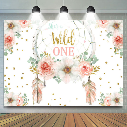 Lofaris Pink Floral Glitter Shes A Wild One Birthday Backdrop