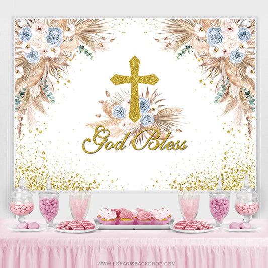 Lofaris Pink Floral God Bless Boho Baby Shower Backdrop