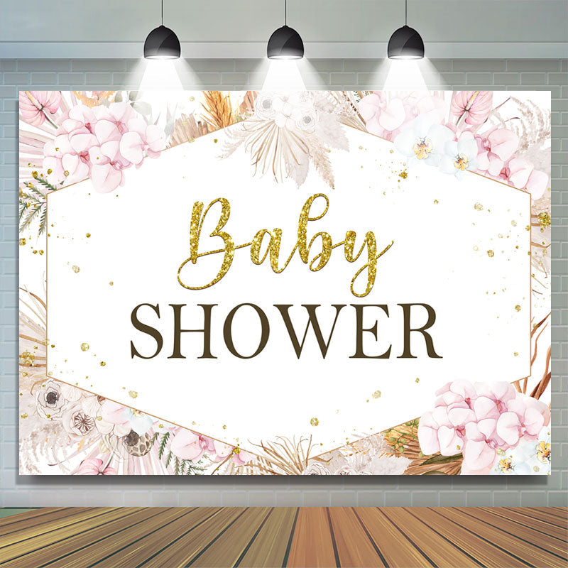 Lofaris Pink Floral Gold Glitter Baby Shower Backdrop for Girl