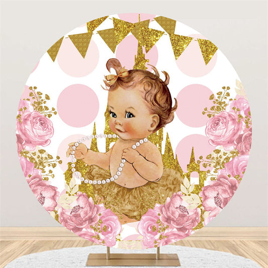 Lofaris Pink Floral Gold Glitter Castle Baby Shower Backdrop