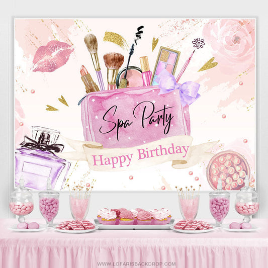 Lofaris Pink Floral Gold Glitter Spa Party Happy Birthday Backdrop