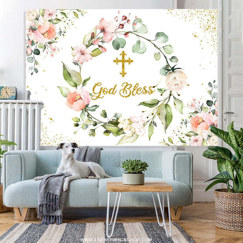 Lofaris Pink Floral Gold God Bless Baby Shower Backdrop Banner