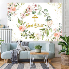 Lofaris Pink Floral Gold God Bless Baby Shower Backdrop Banner