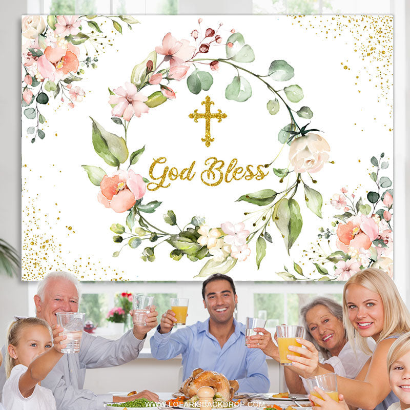 Lofaris Pink Floral Gold God Bless Baby Shower Backdrop Banner