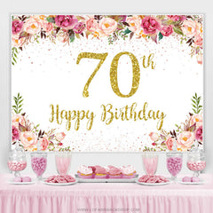 Lofaris Pink Floral Golden Glitter 70th Birthday Backdrop