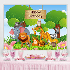 Lofaris Pink Floral Green Forest Cartoon Animals Birthday Backdrop