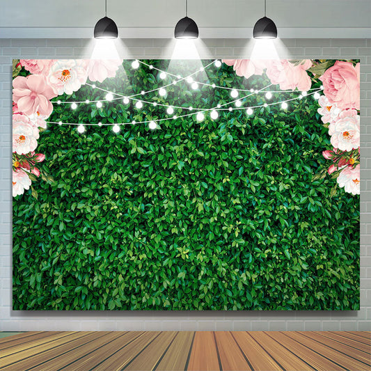 Lofaris Pink Floral Green Leaves Glitter Party Backdrop for Photo