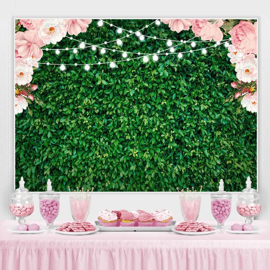 Lofaris Pink Floral Green Leaves Glitter Party Backdrop for Photo