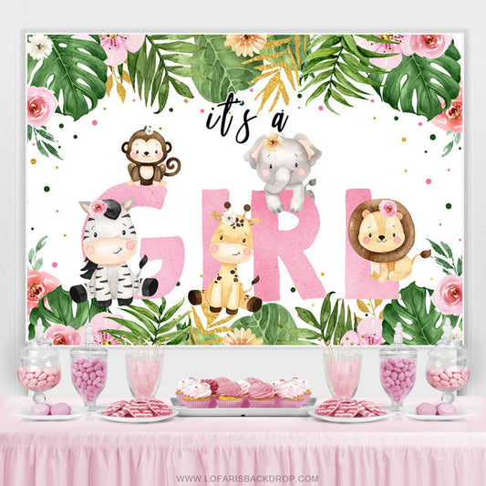 Lofaris Pink Floral Green Leaves Its A Girl Baby Shower Backdrop