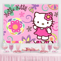 Lofaris Pink Floral Hello Kitty Theme Birthday Backdrop