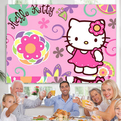 Lofaris Pink Floral Hello Kitty Theme Birthday Backdrop