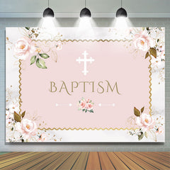 Lofaris Pink Floral Khaki Baptism Backdrop For Baby Shower
