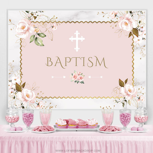 Lofaris Pink Floral Khaki Baptism Backdrop For Baby Shower