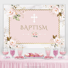 Lofaris Pink Floral Khaki Baptism Backdrop For Baby Shower