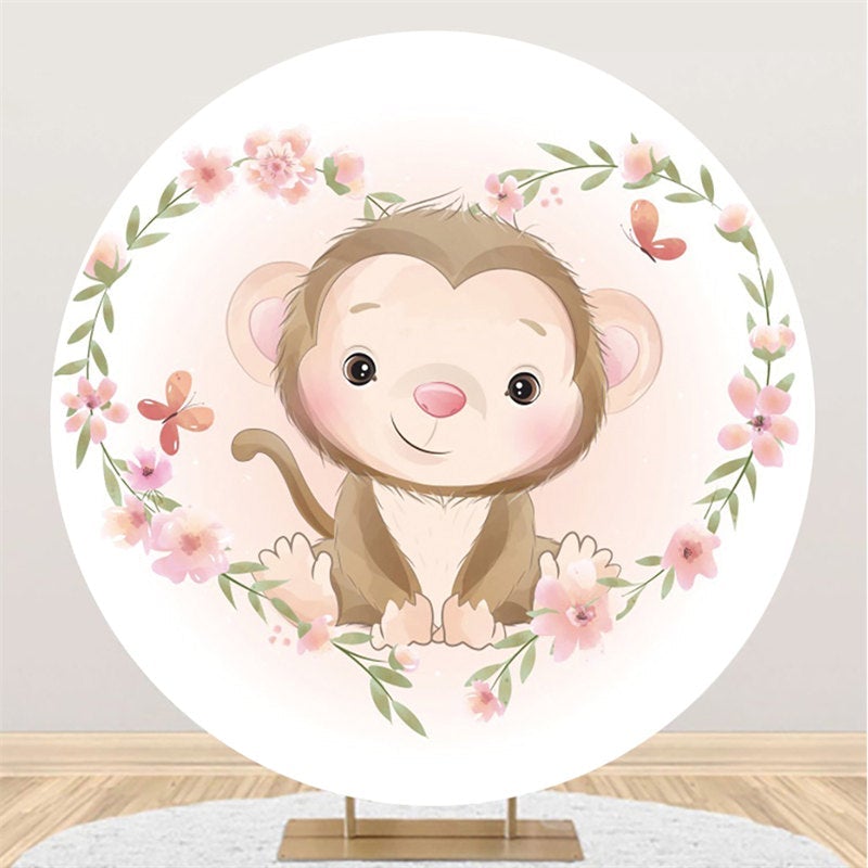 Lofaris Pink Floral Monkey Themed Baby Shower Circle Backdrop