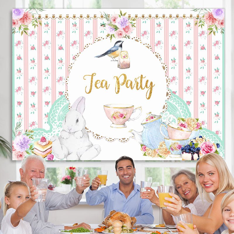 Lofaris Pink Floral Rabbit Bird Cup Tea Party Theme Backdrop