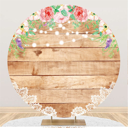 Lofaris Pink Floral Round Wood Backdrop For Happy Birthday