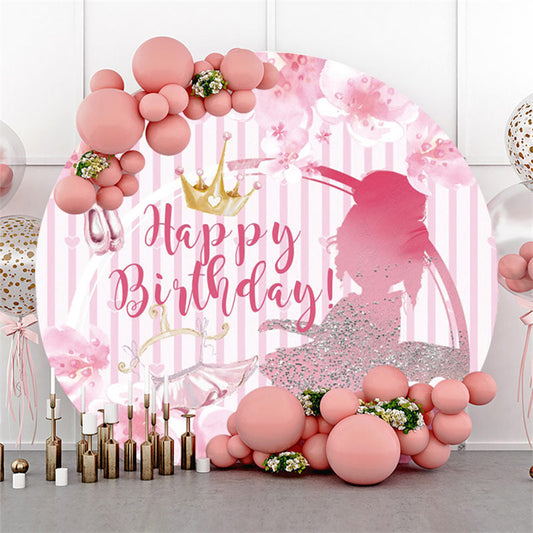 Lofaris Pink Floral Silver Glitter Girls Round Birthday Backdrop