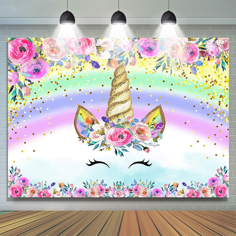 Lofaris Pink Floral Unicorn Rainbow Birthday Party Backdrop
