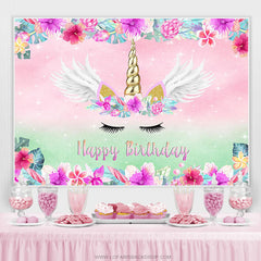 Lofaris Pink Floral Unicorn Theme Happy Birthday Backdrop Banner